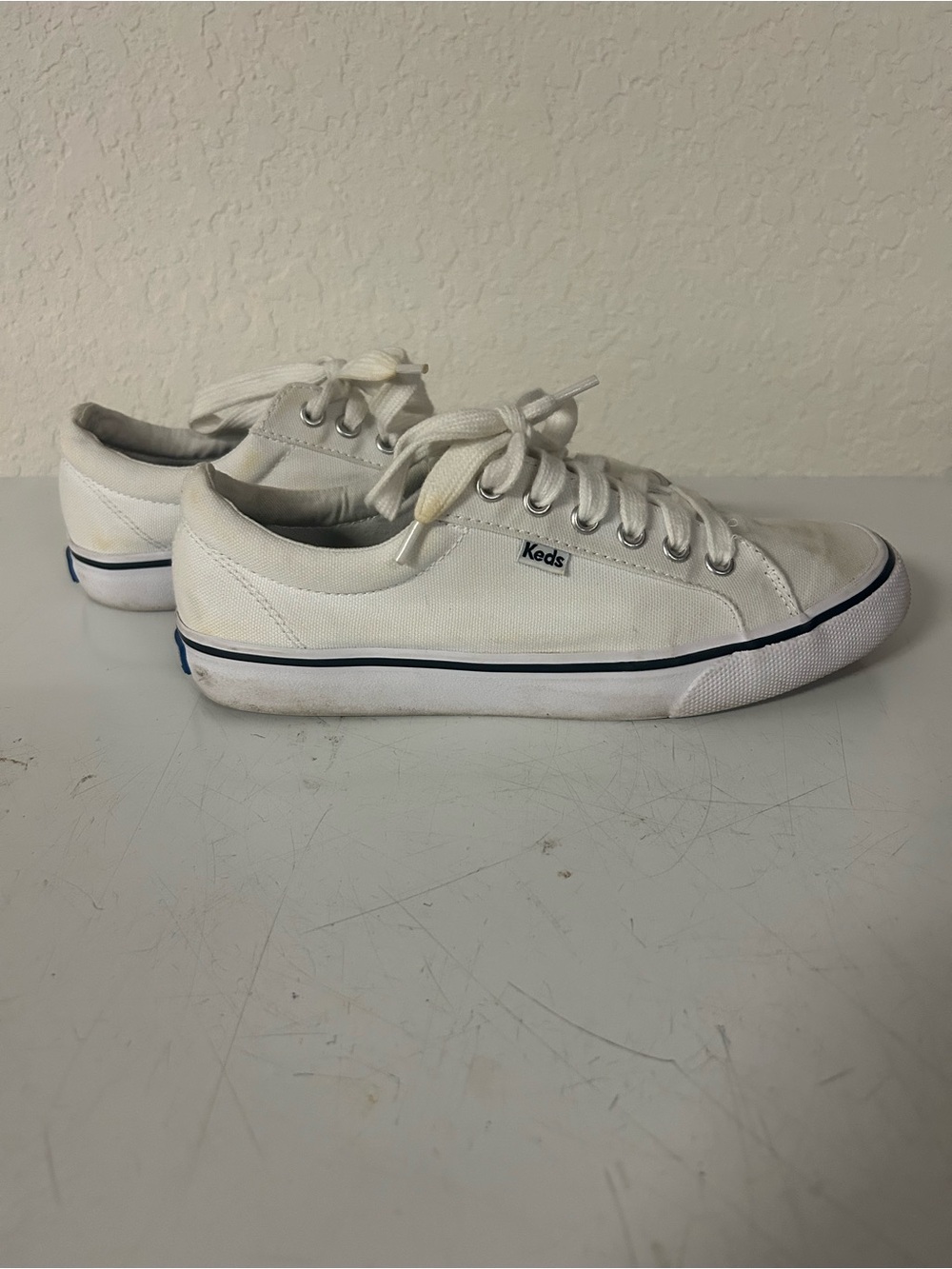Keds White Canvas Sneakers with Navy Stripe
